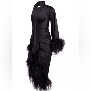 💕PRICE IS FIRM💕PatBo Oscar One-shoulder Ostrich Feather trimmed  Dress In black